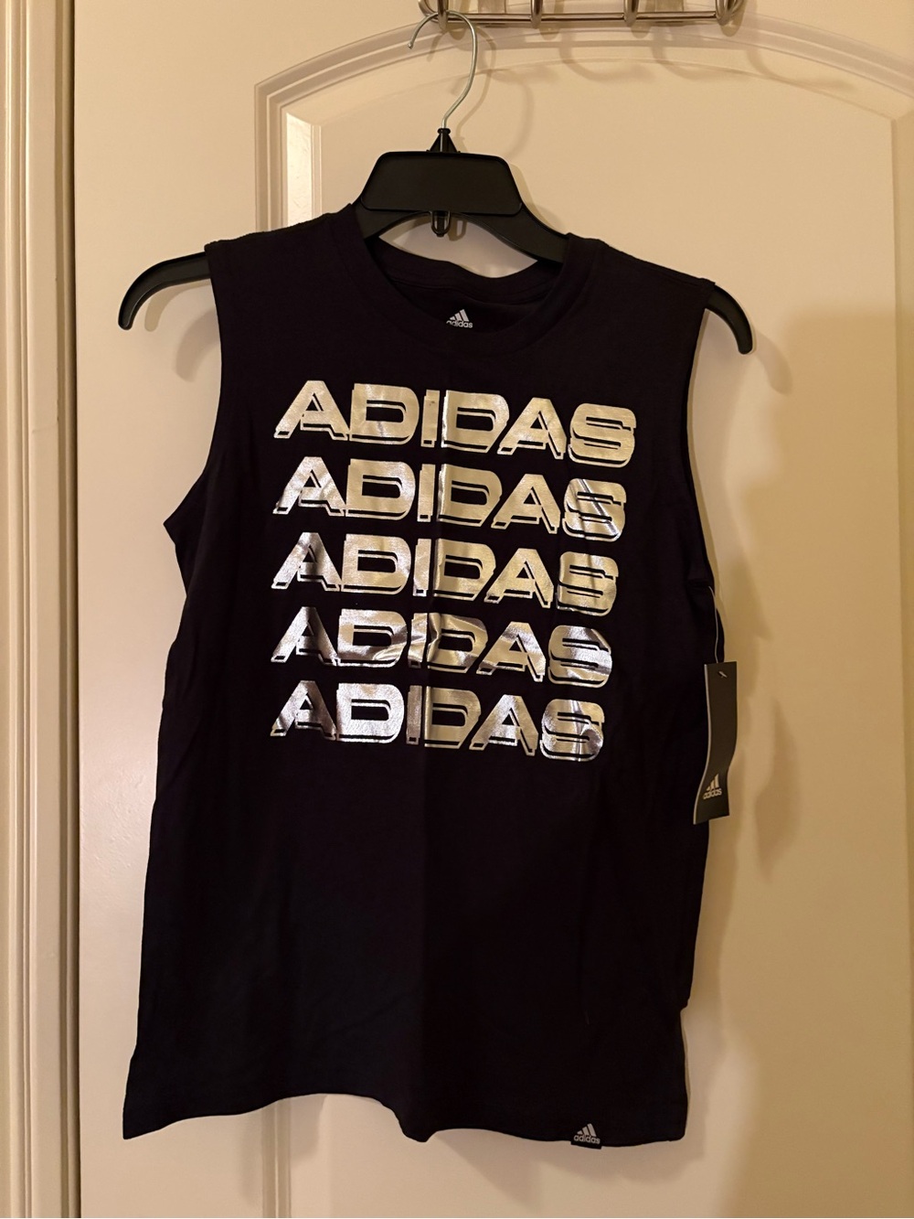 Adidas Black Tank Top with Metallic Silver Logo Stack